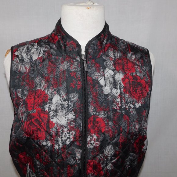 Northern Reflections Womens M Red Black Gray Roses Quilted Full Zip Vest - Picture 2 of 11